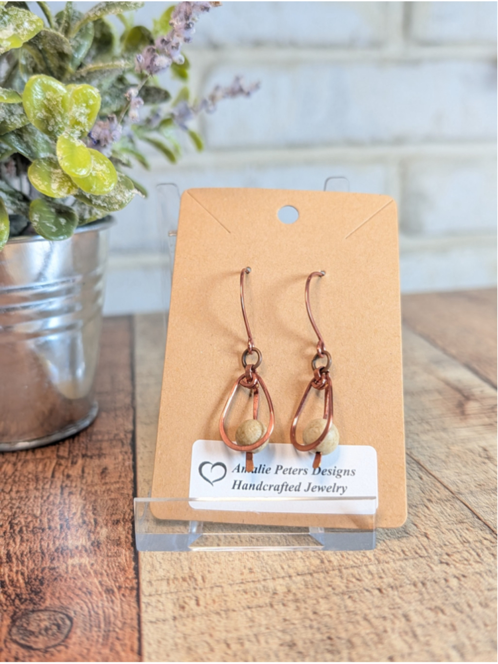 NEW Artisan Wrapped Copper Wire Dangle Loop Natural Stone Bead Drop Earrings